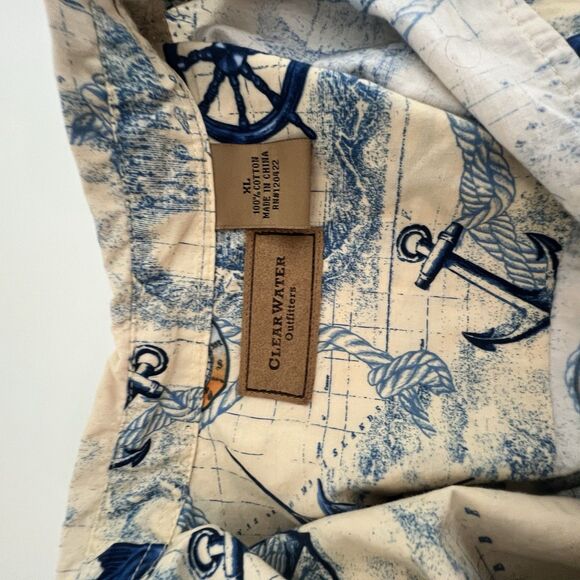 Clearwater Outfitters Mens Xl Beige/Blue nautical Button Down Short Sleeve Shirt - Picture 4 of 7